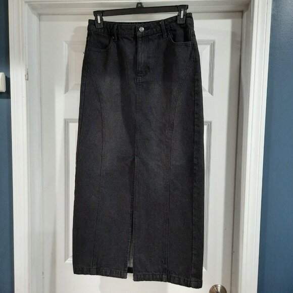Blu Pepper Skirt Womens Medium Black Denim Jean‎ Midi Maxi Modest Western Slit - Picture 1 of 11